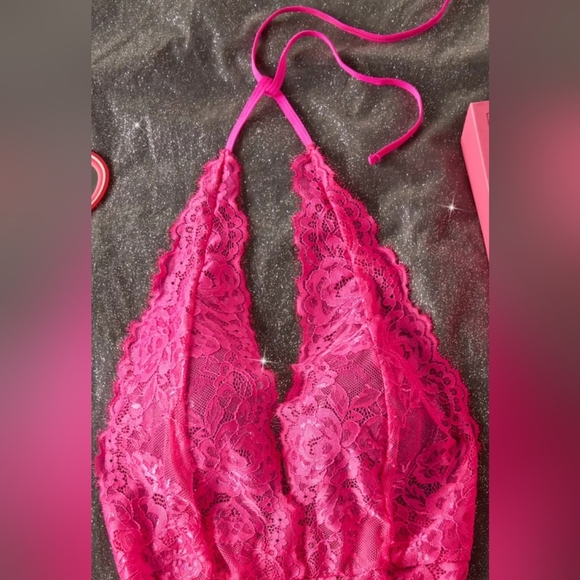 2/$40 Barbiecore Sexy Sheer Lace‎ Meangirls Pink Halter Bodysuit-(#1,418) - Picture 3 of 7